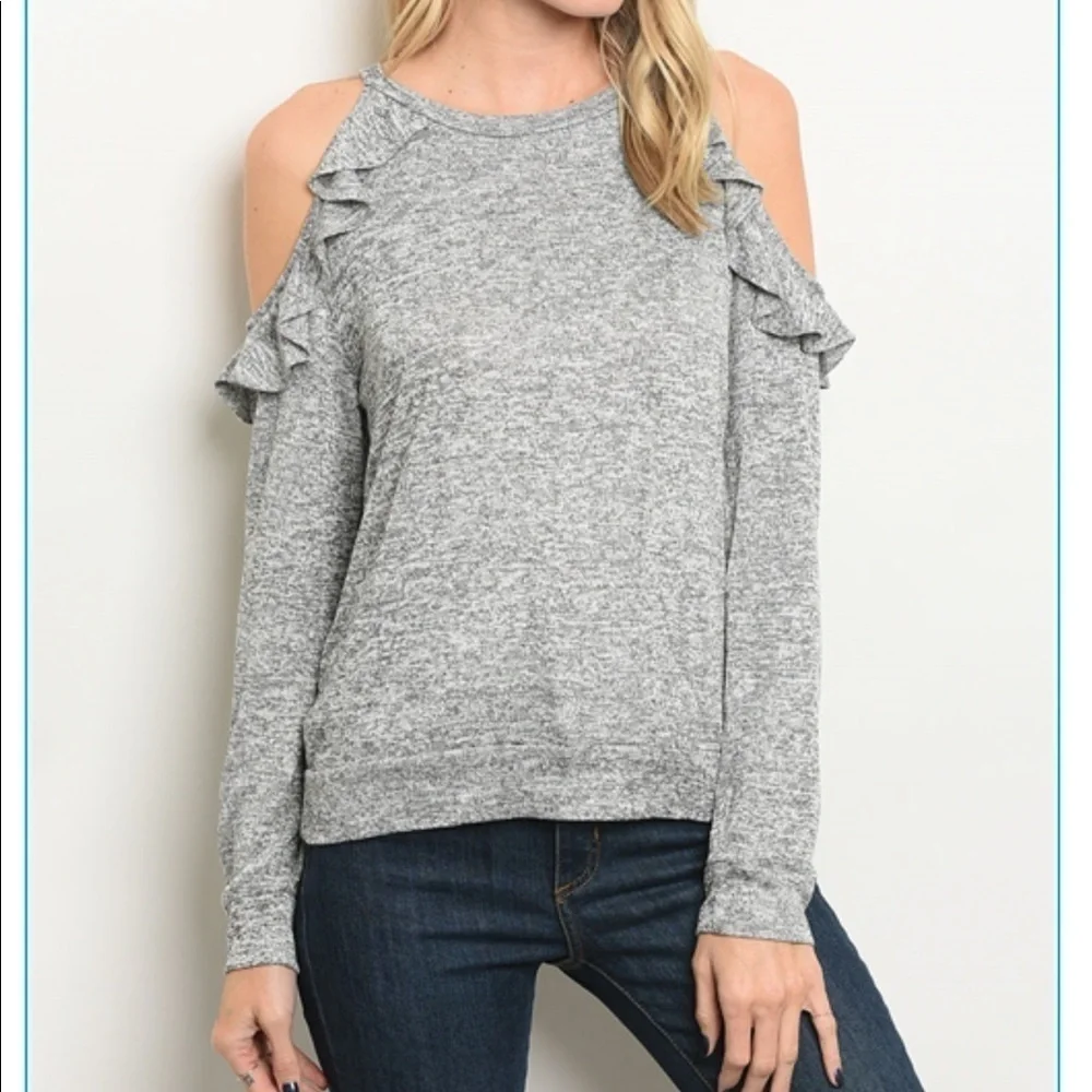 Cold Shoulder Grey Marled Ruffle Top - Picture 2 of 7